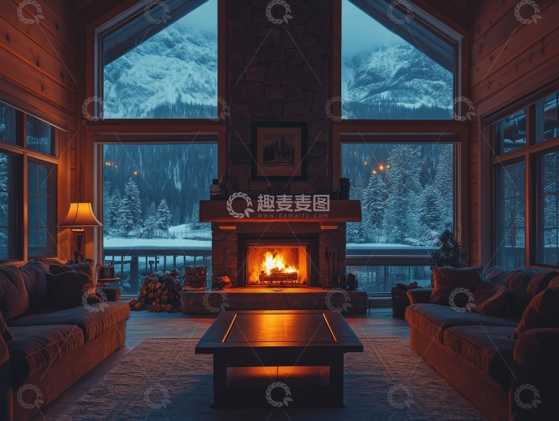 高清大图下载【趣麦麦图】温馨木屋客厅，壁炉旁的冬日雪景