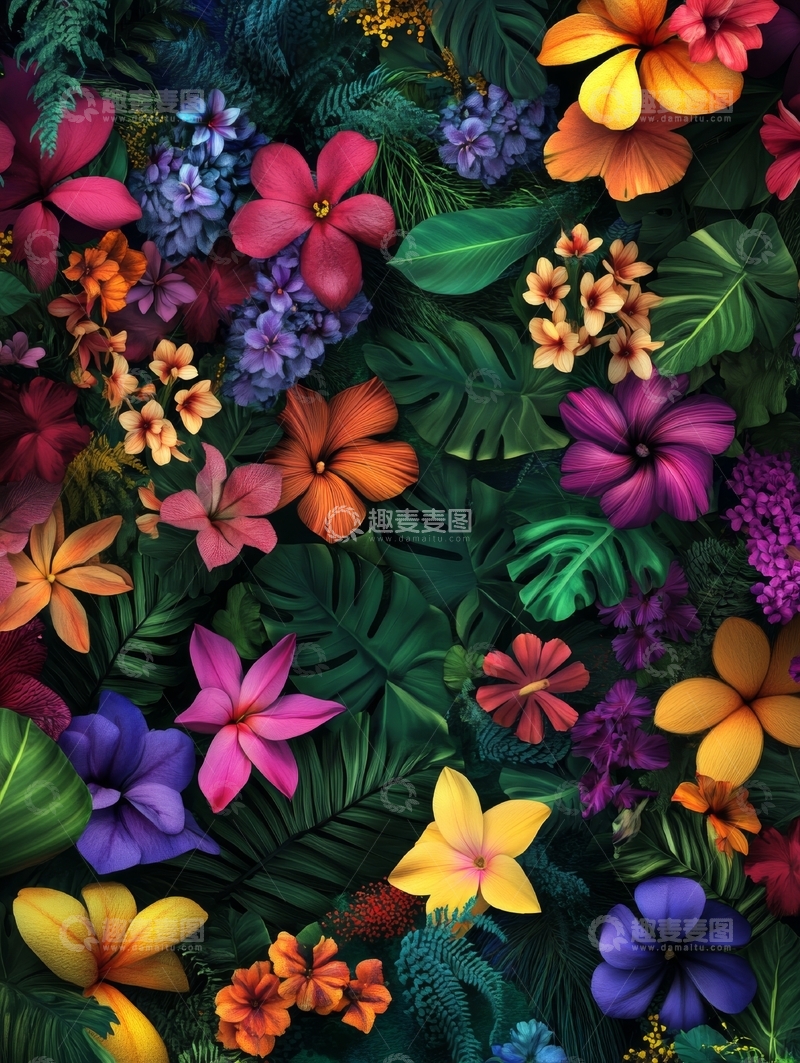 高清大图下载【趣麦麦图】热带花卉与绿叶的绚丽组合