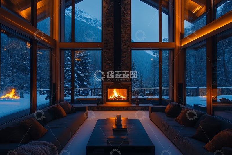 高清大图下载【趣麦麦图】现代客厅与窗外雪山夜景