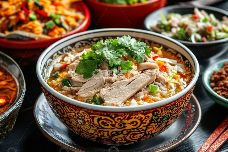高清大图下载【趣麦麦图】美味鸡肉汤配香菜和面条
