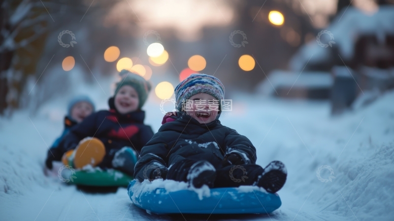 高清大图下载【趣麦麦图】冬日雪地，孩子们快乐滑行