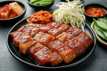 烤肉拼盘配蔬菜和小菜