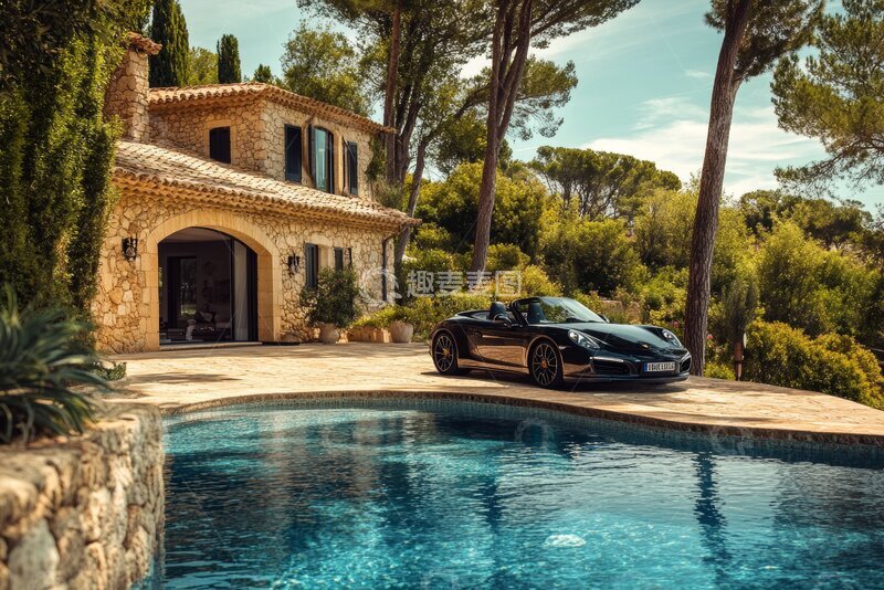 高清大图下载【趣麦麦图】豪华跑车停在别墅旁的泳池边
