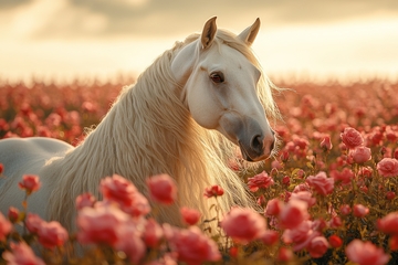白马在玫瑰花田中