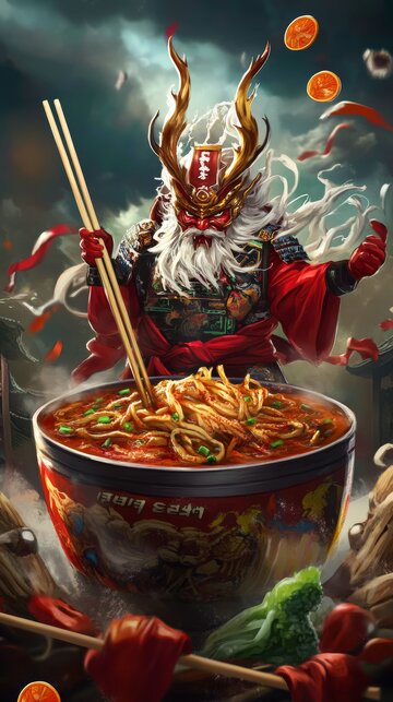 神话人物手持筷子，面前一碗热辣面条
