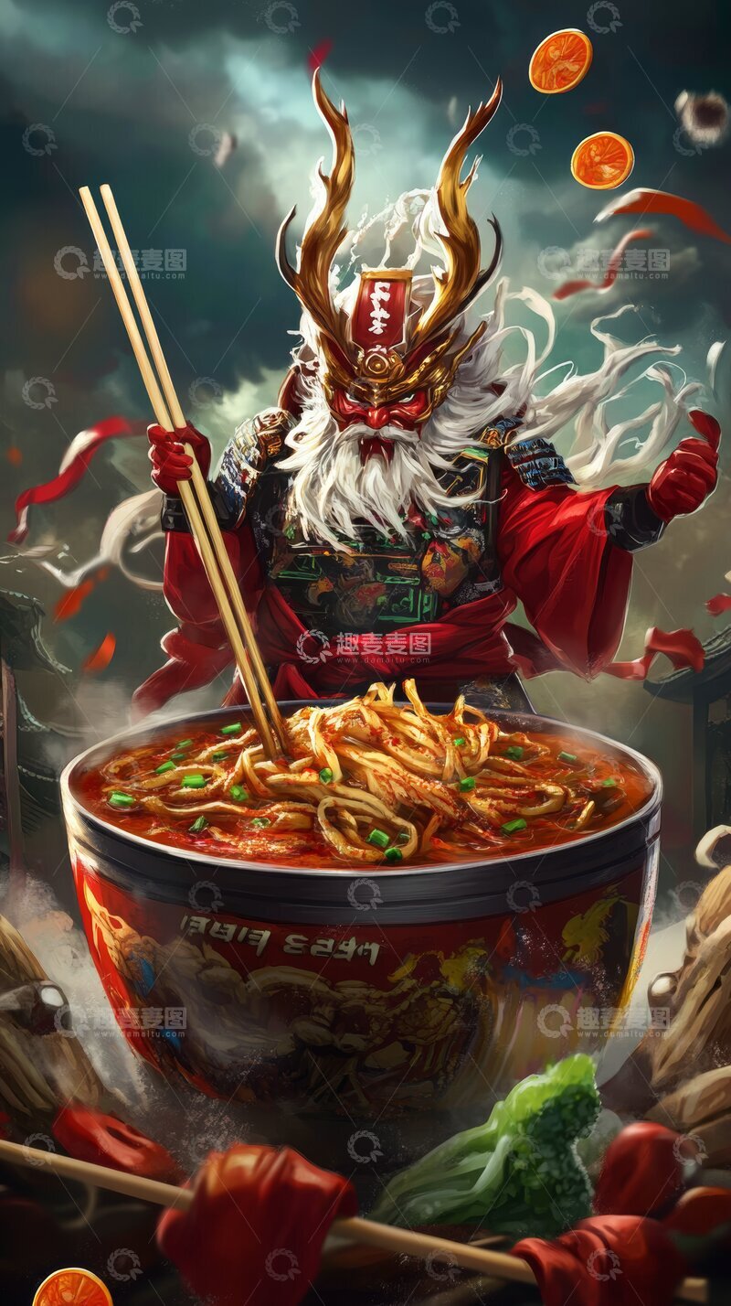 高清大图下载【趣麦麦图】神话人物手持筷子，面前一碗热辣面条
