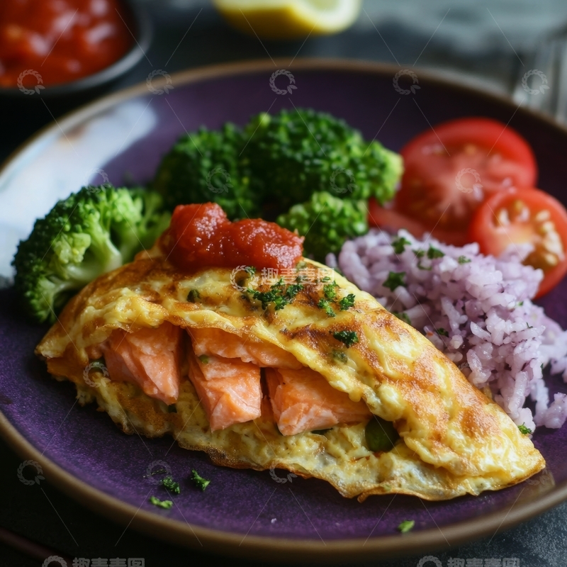 高清大图下载【趣麦麦图】三文鱼煎蛋配紫米和西兰花