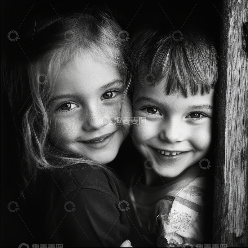 高清大图下载【趣麦麦图】黑白照片中的两个微笑孩子