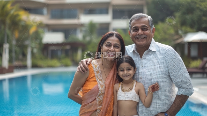 高清大图下载【趣麦麦图】一家三口在泳池边微笑合影