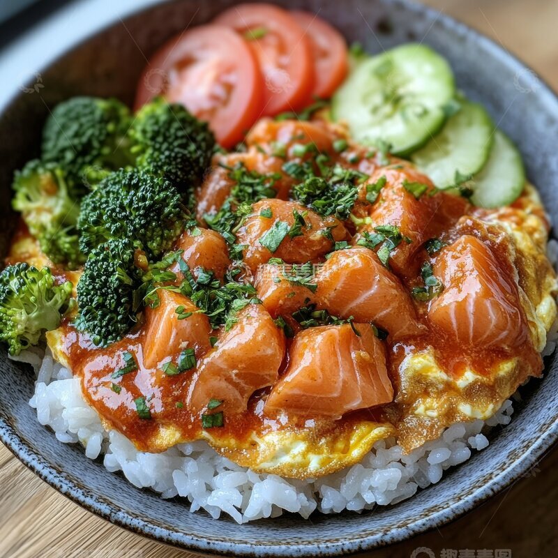 高清大图下载【趣麦麦图】三文鱼盖饭配西兰花和番茄