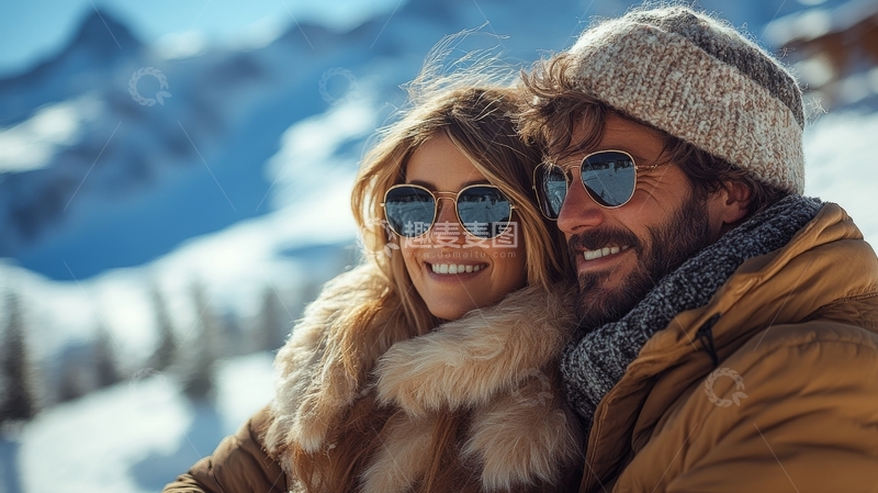 雪山背景下的情侣温馨拥抱