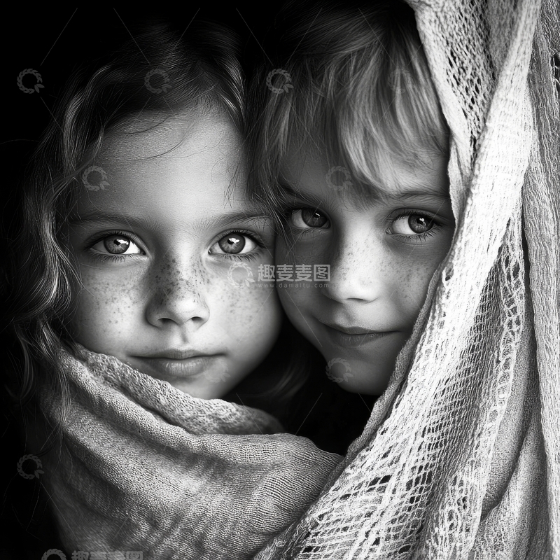 高清大图下载【趣麦麦图】黑白双人肖像，纱巾遮面