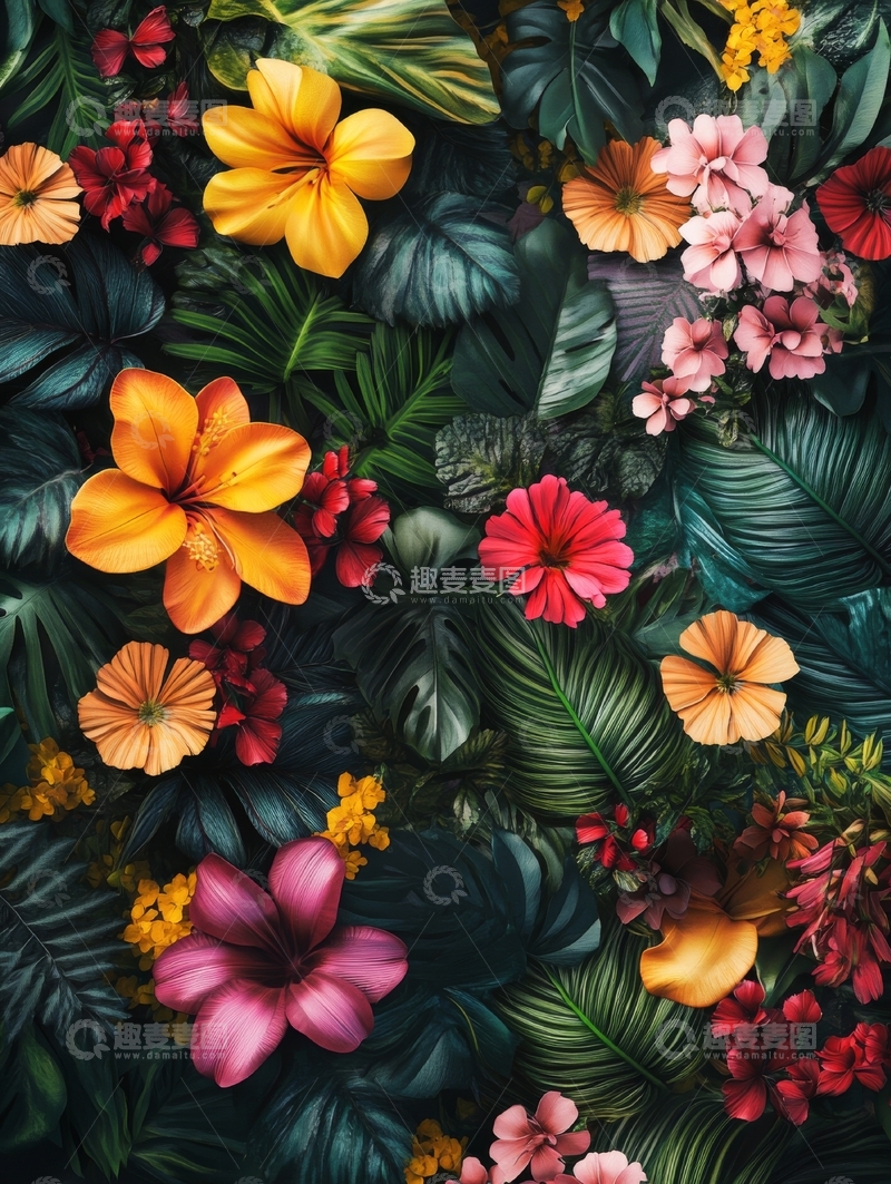 高清大图下载【趣麦麦图】热带花卉与绿叶的绚丽组合