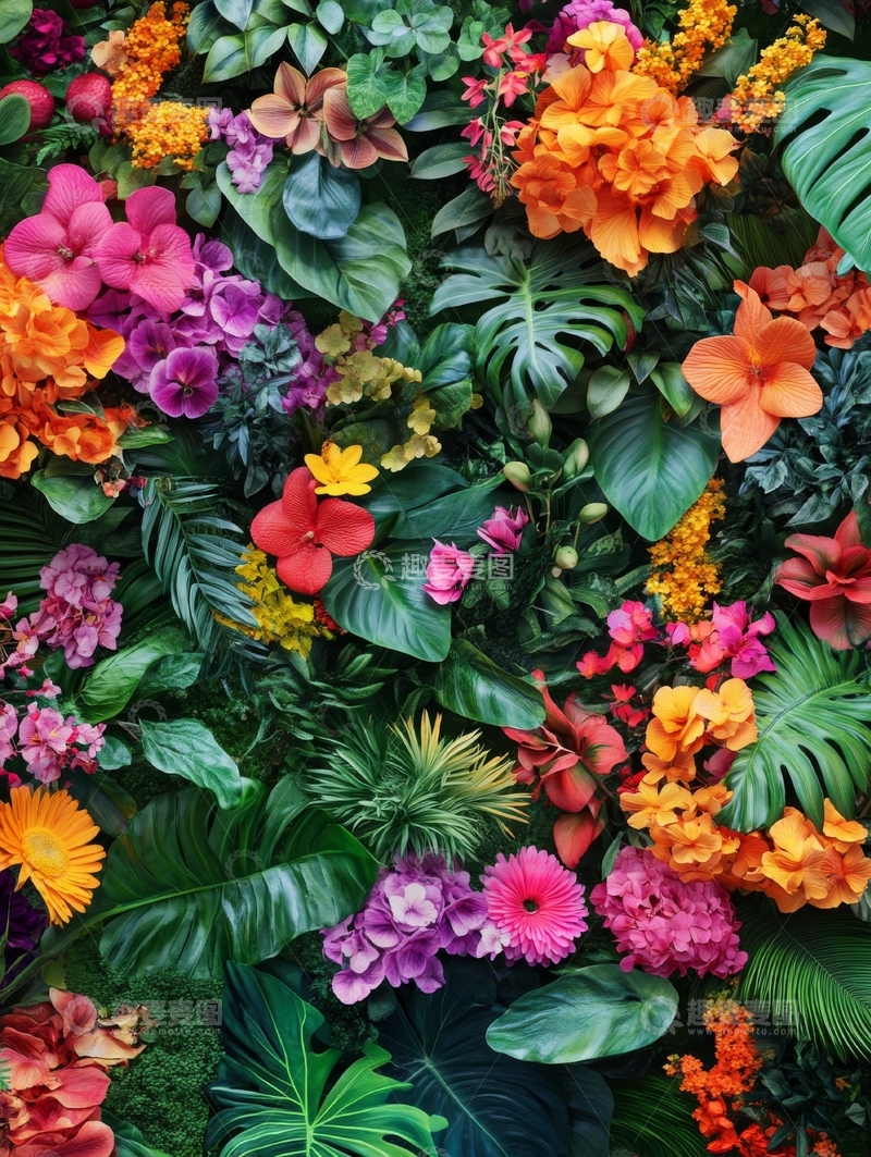 高清大图下载【趣麦麦图】多彩热带花卉墙