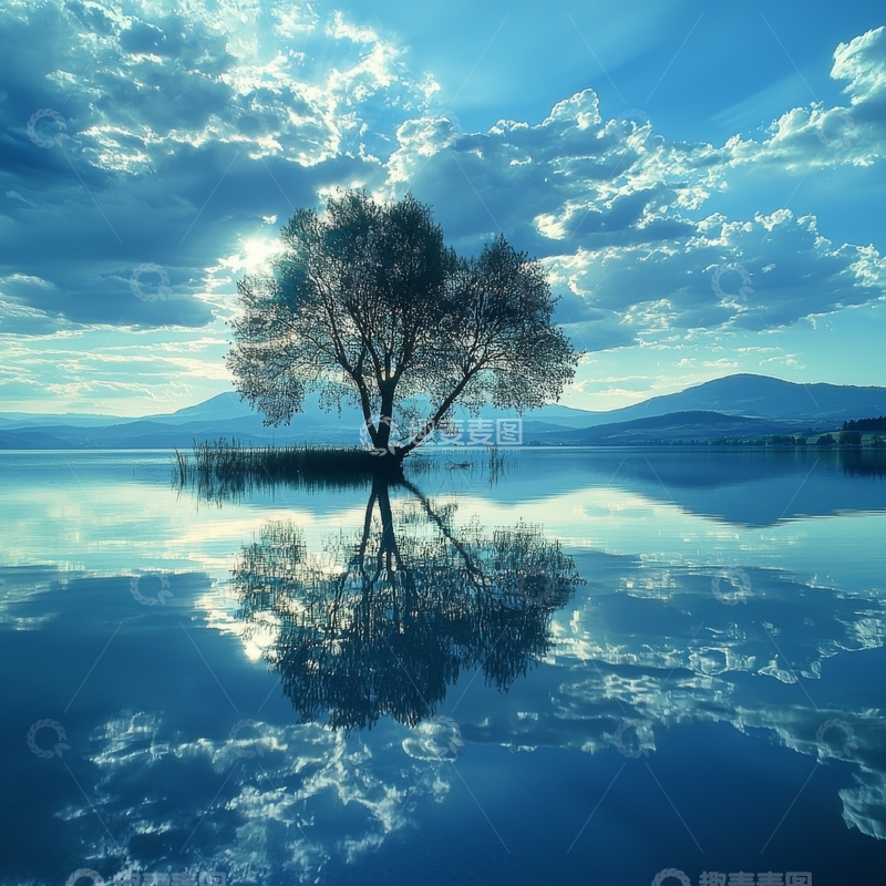 高清大图下载【趣麦麦图】湖中孤树倒影蓝天