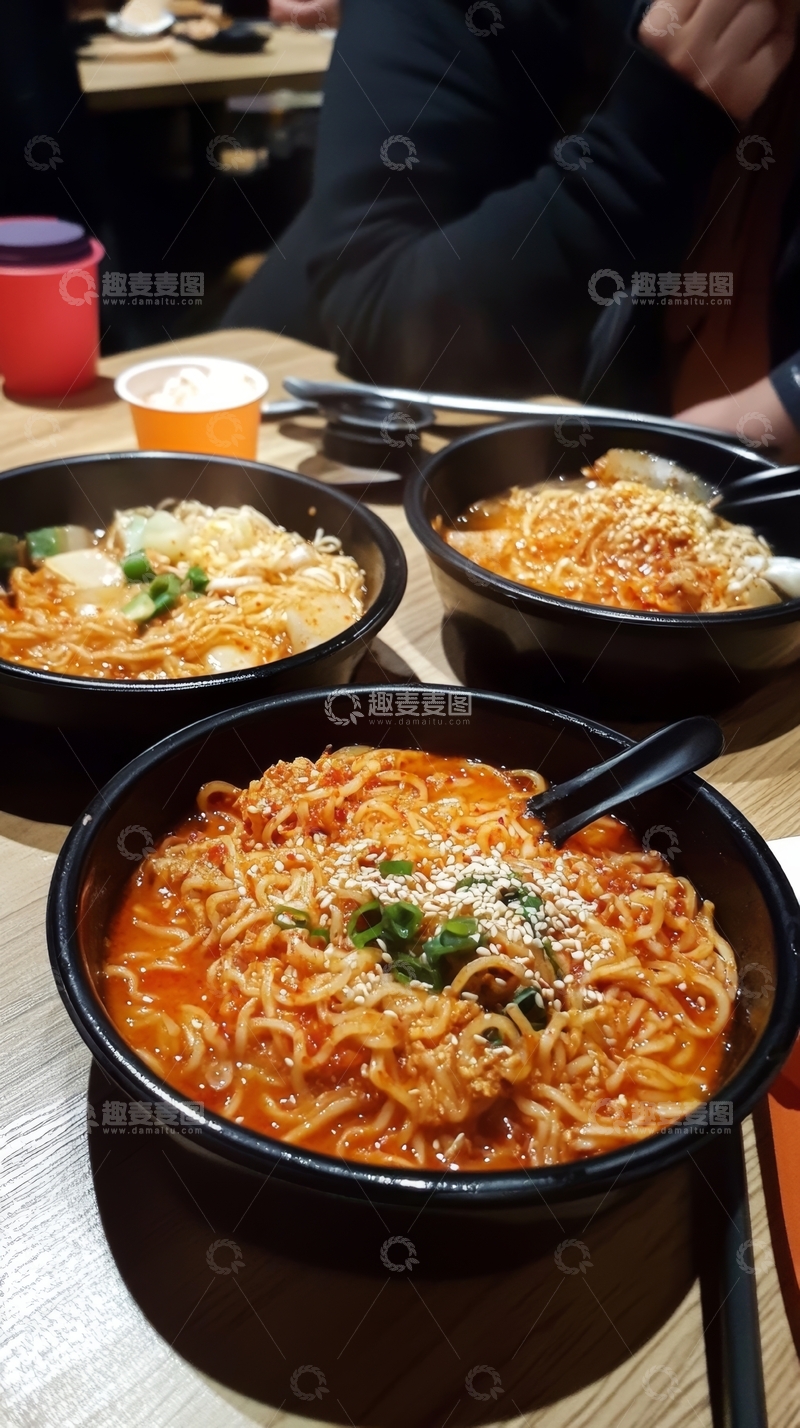 高清大图下载【趣麦麦图】三碗热气腾腾的辣味面条