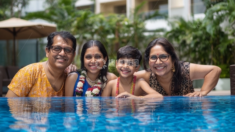 高清大图下载【趣麦麦图】一家四口在泳池边微笑合影
