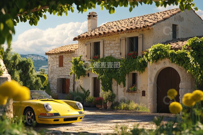 高清大图下载【趣麦麦图】黄色跑车停在石砌农舍前