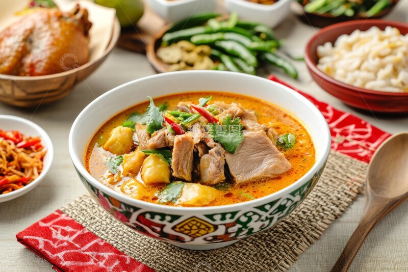 高清大图下载【趣麦麦图】泰式咖喱肉汤配米饭和蔬菜
