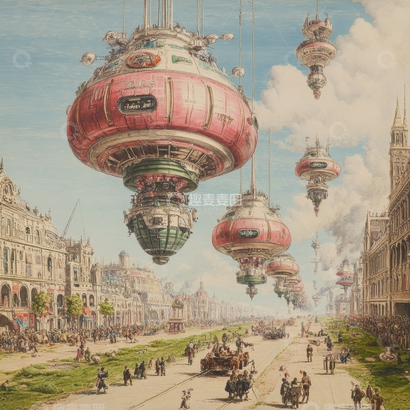 高清大图下载【趣麦麦图】复古城市上空的飞行器