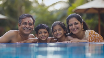 一家四口在泳池边微笑合影