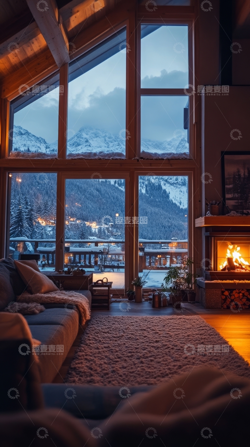 高清大图下载【趣麦麦图】温馨客厅与雪山夜景