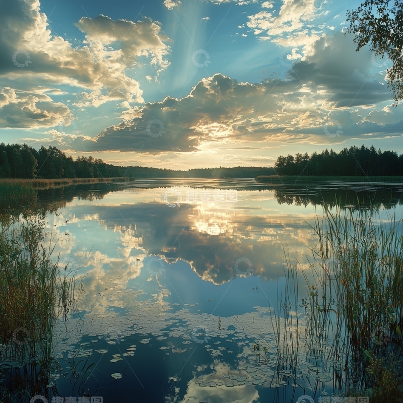 高清大图下载【趣麦麦图】湖面夕阳倒影，宁静自然风光