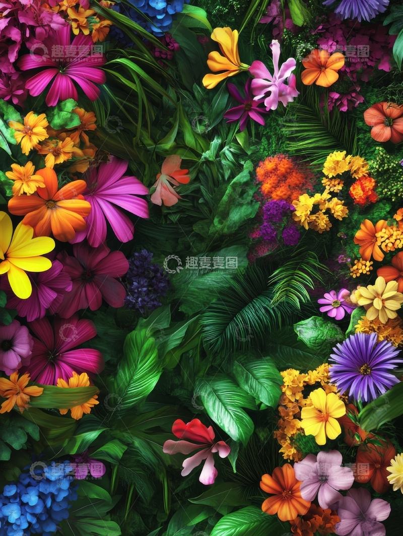 高清大图下载【趣麦麦图】多彩花卉与绿叶交织的自然背景