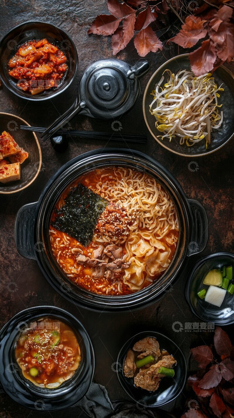 高清大图下载【趣麦麦图】韩式泡菜火锅与配菜的精美摆盘
