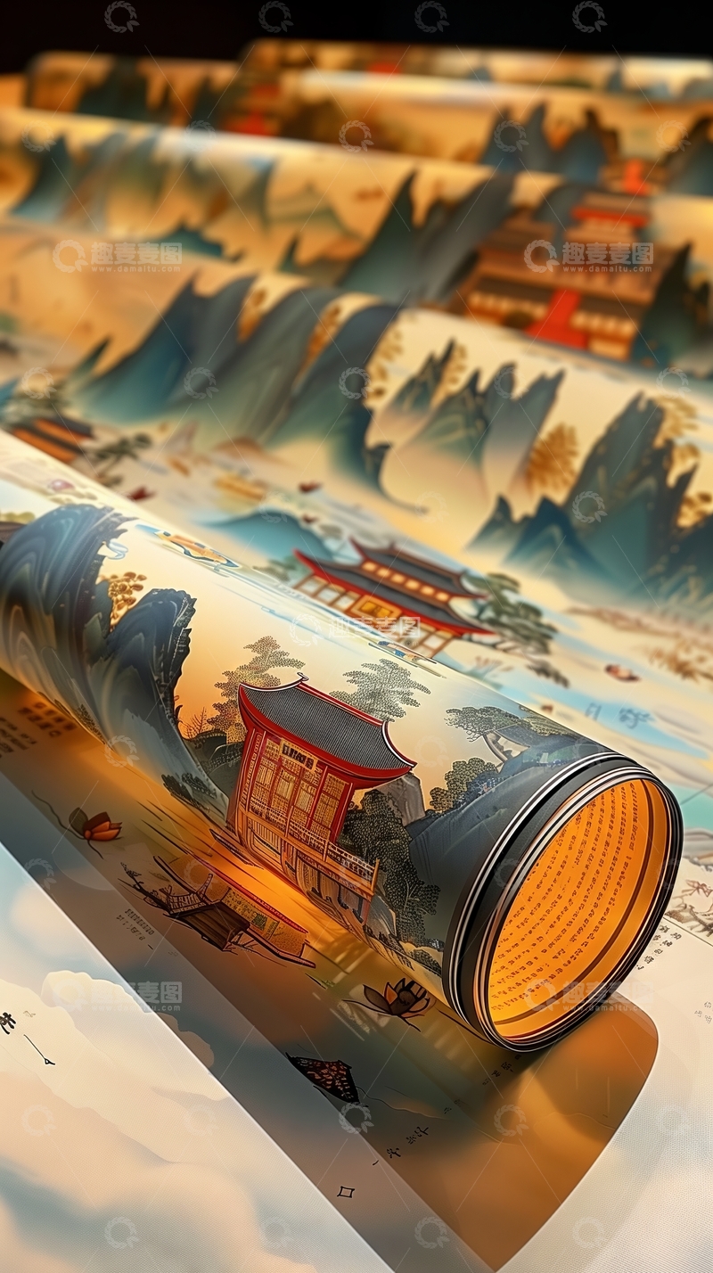 高清大图下载【趣麦麦图】山水画卷与灯笼的和谐之美