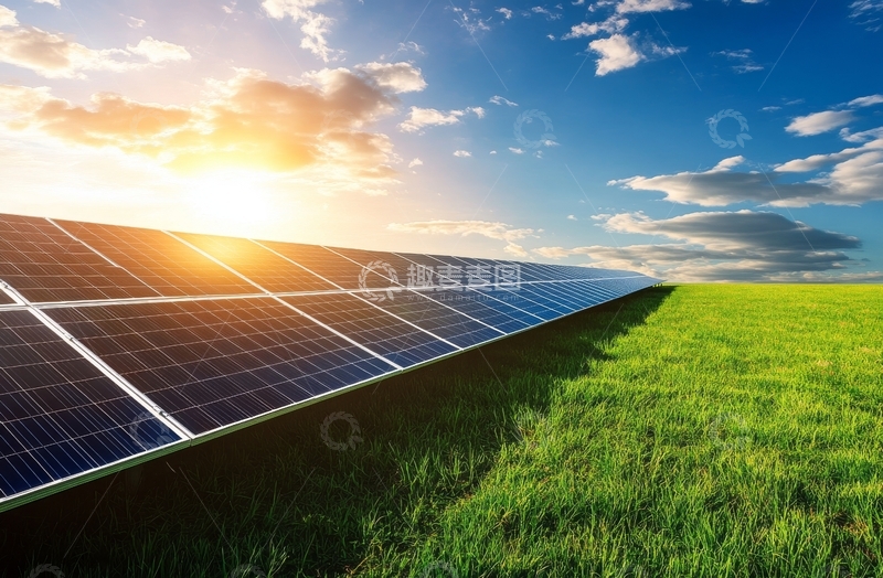 高清大图下载【趣麦麦图】太阳能板与绿草地在日落时分
