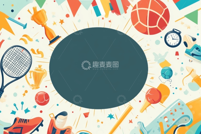 高清大图下载【趣麦麦图】多彩体育用品围绕的圆形背景