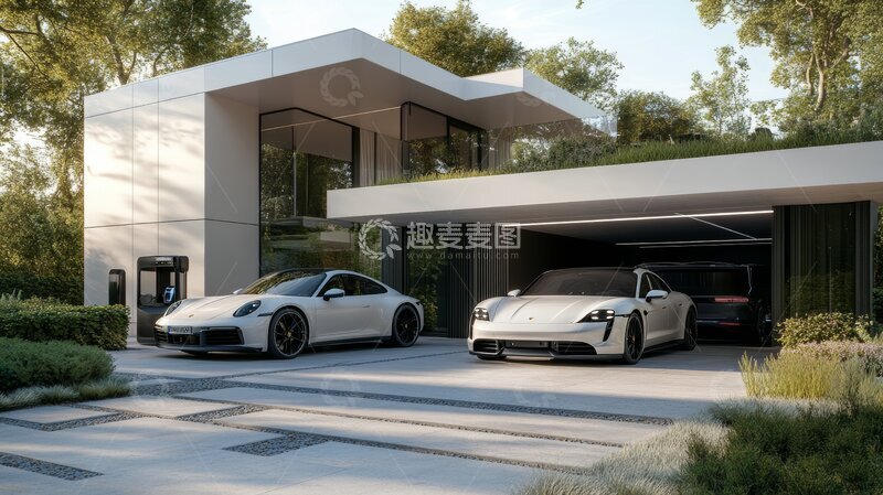 高清大图下载【趣麦麦图】现代住宅前停放的两辆豪华轿车