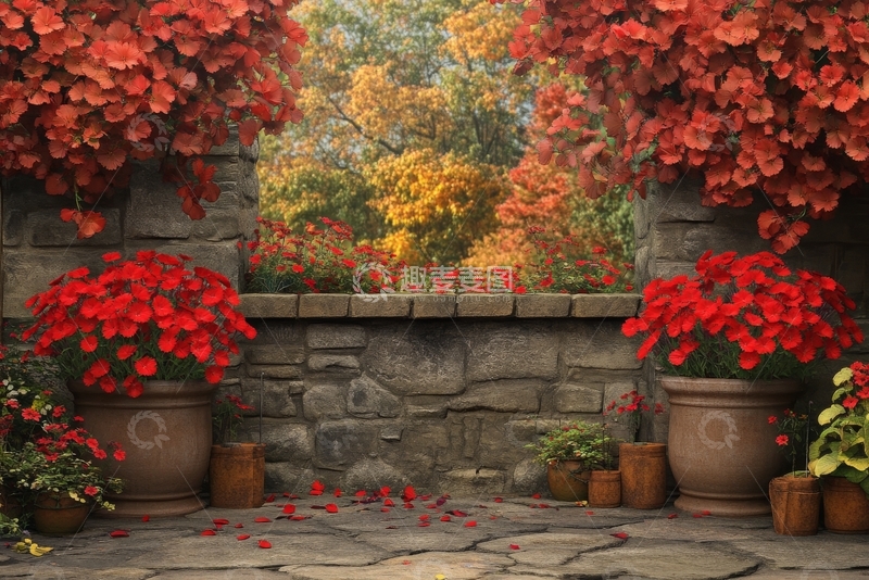 高清大图下载【趣麦麦图】秋日庭院，花坛与落叶