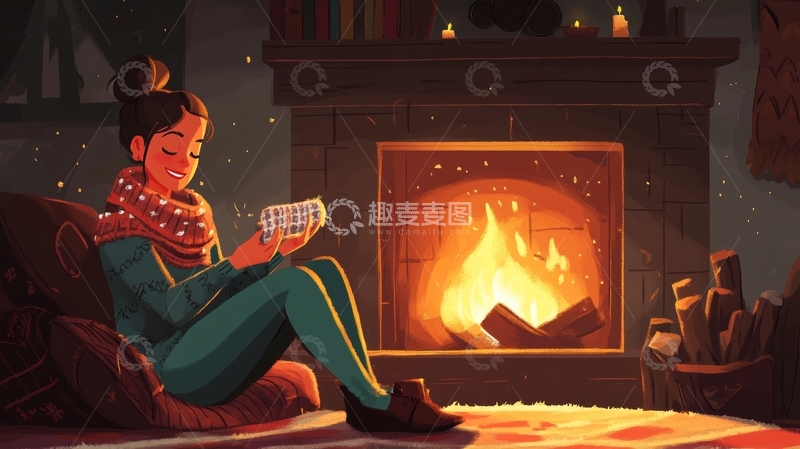 高清大图下载【趣麦麦图】冬日暖炉旁的阅读时光