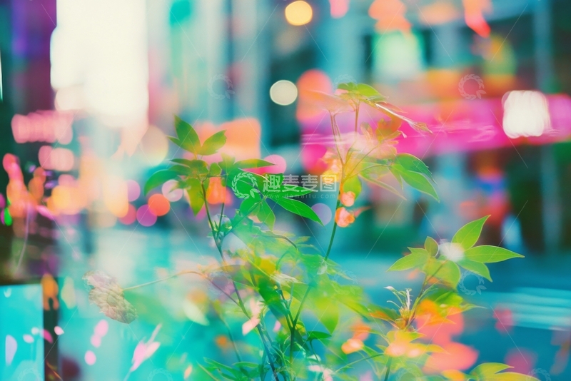 高清大图下载【趣麦麦图】霓虹灯光下的绿叶植物