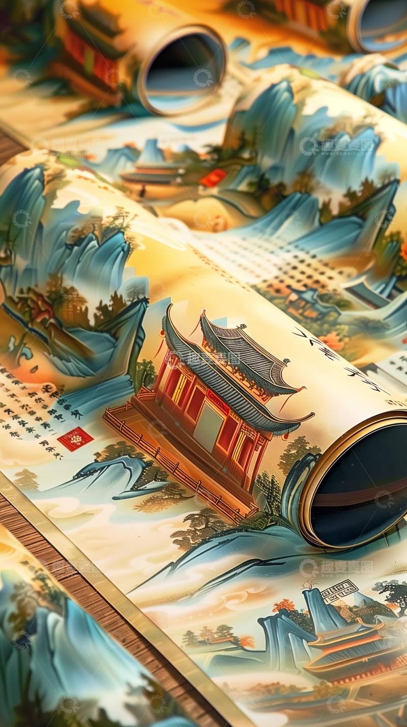 高清大图下载【趣麦麦图】古典山水画卷，亭台楼阁映衬自然美景