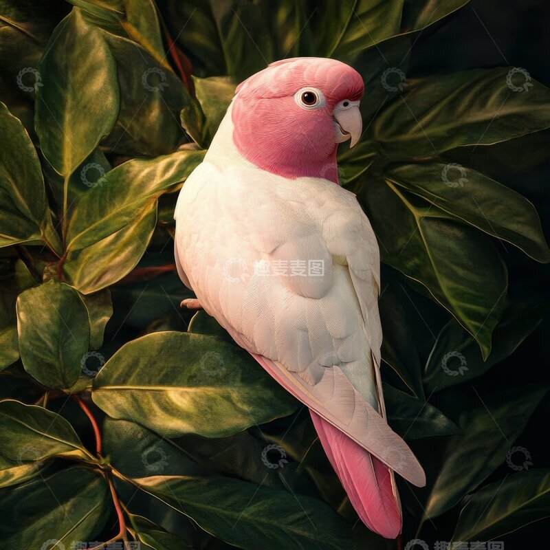 高清大图下载【趣麦麦图】粉色头部的白色鹦鹉栖息在绿叶中