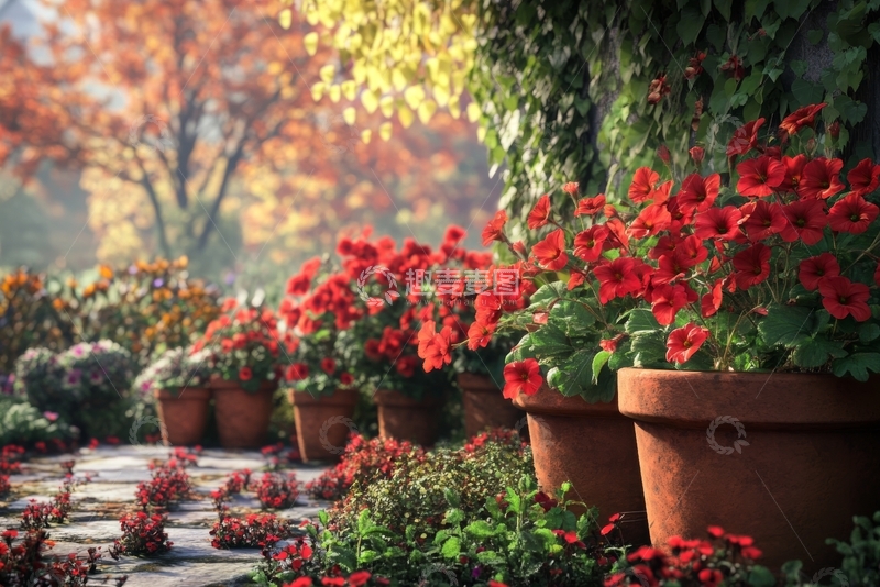 高清大图下载【趣麦麦图】秋日花园中的红色花盆