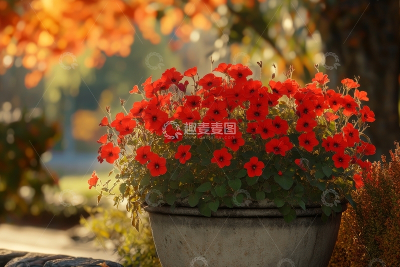 高清大图下载【趣麦麦图】秋日阳光下的红色盆栽花