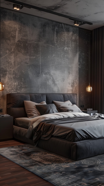 工业风卧室设计，深色调与质感墙面