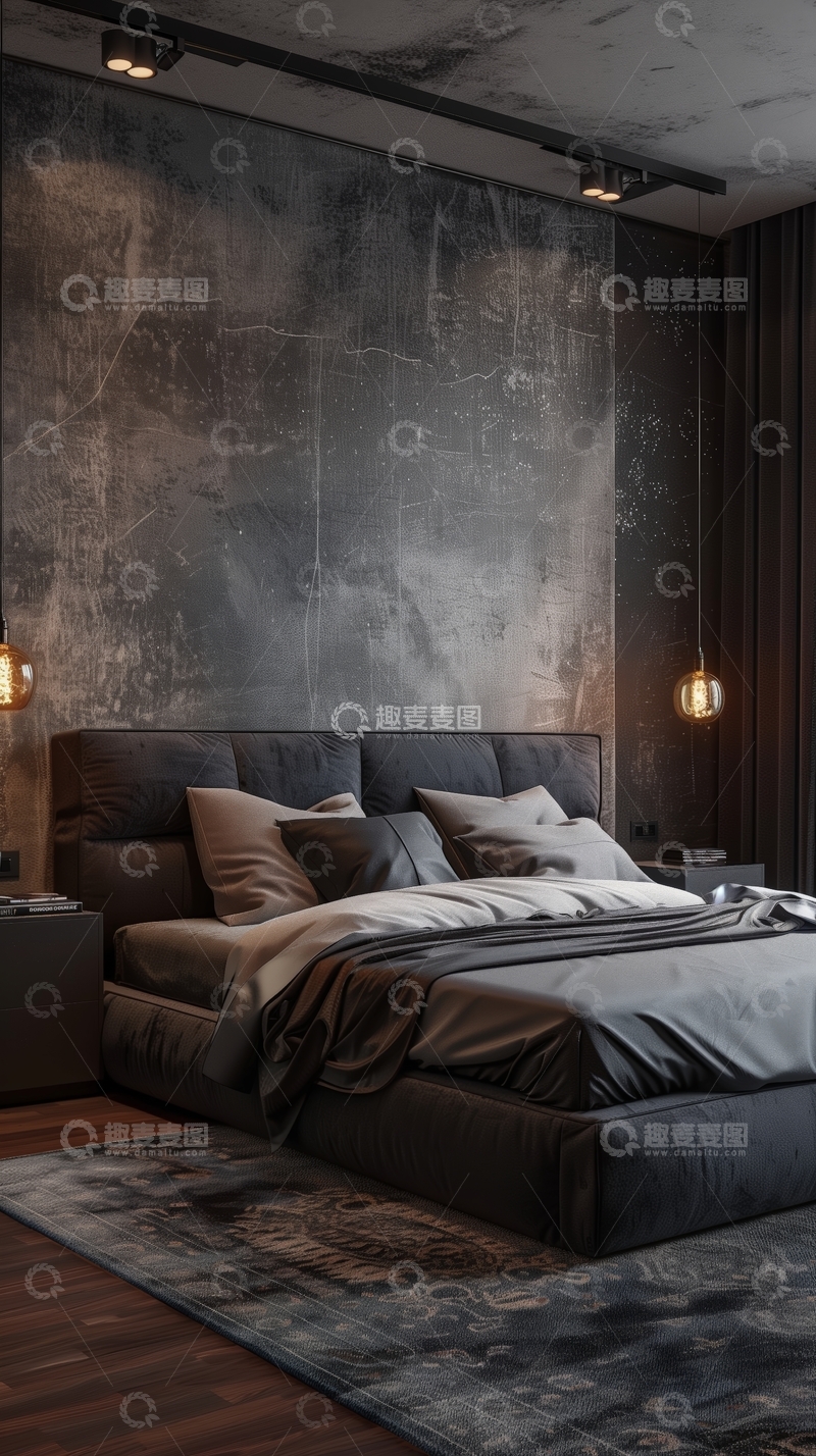 高清大图下载【趣麦麦图】工业风卧室设计，深色调与质感墙面