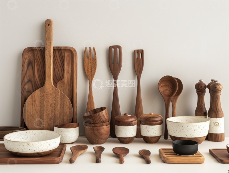 高清大图下载【趣麦麦图】木质厨房用具与陶瓷餐具组合
