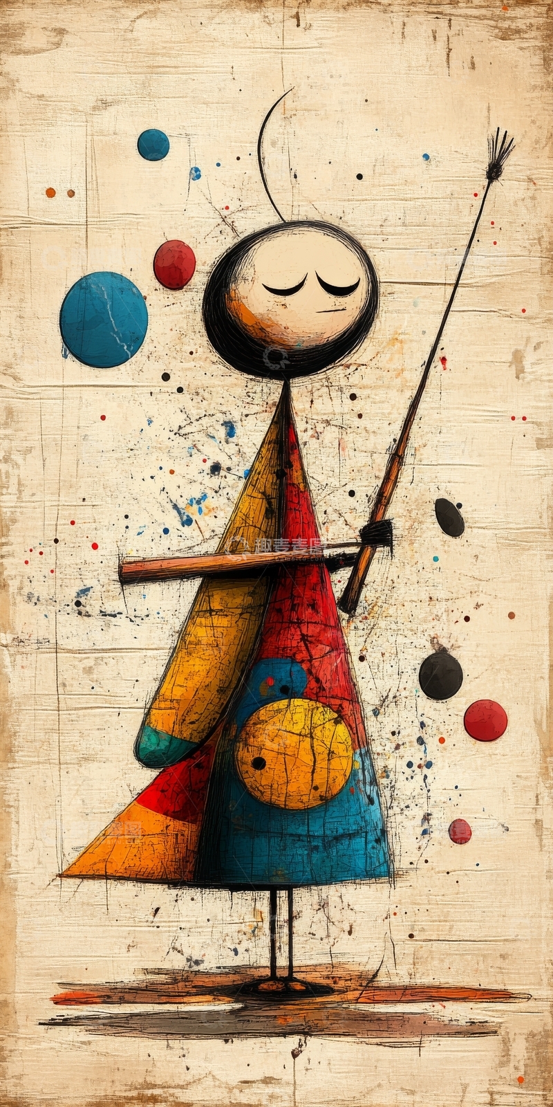 高清大图下载【趣麦麦图】抽象人物手持长杖，色彩斑斓