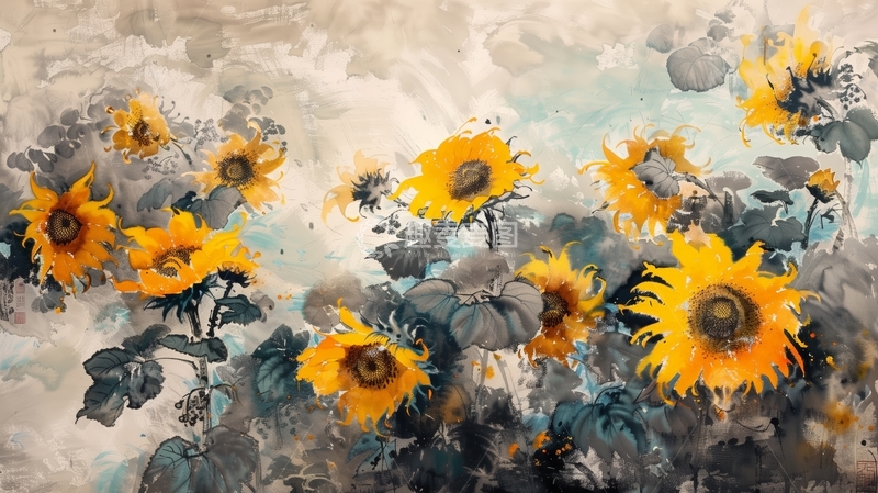 高清大图下载【趣麦麦图】水墨风格向日葵艺术画