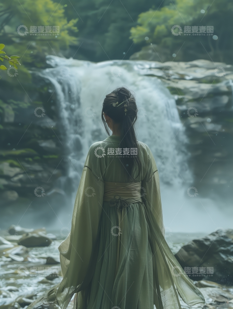 高清大图下载【趣麦麦图】女子身着古装，背对瀑布而立