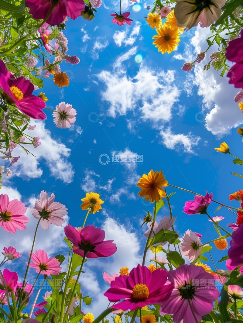 高清大图下载【趣麦麦图】仰望蓝天下的缤纷花海