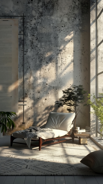 阳光洒落的工业风室内一角