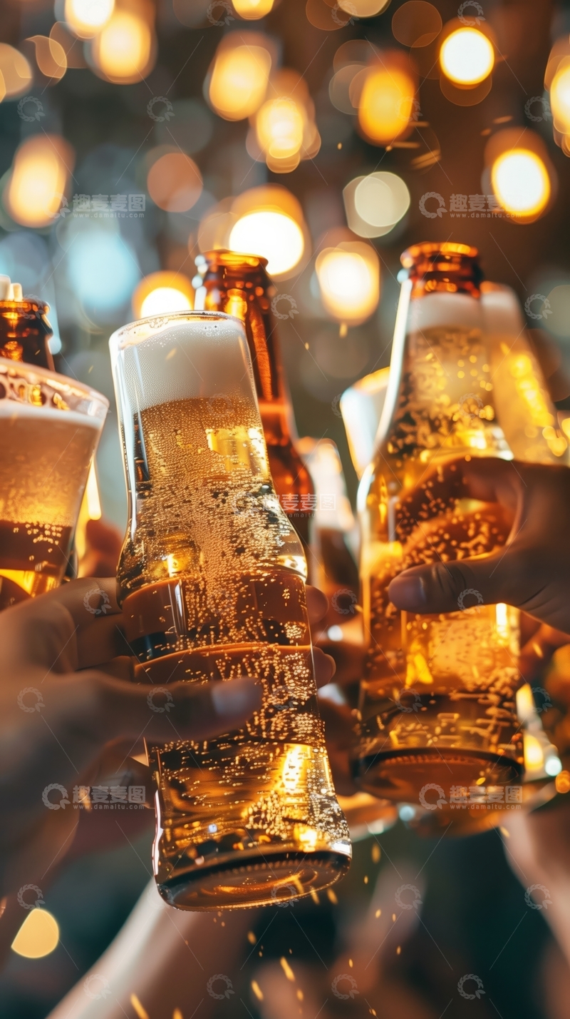 高清大图下载【趣麦麦图】举杯庆祝，啤酒碰撞瞬间