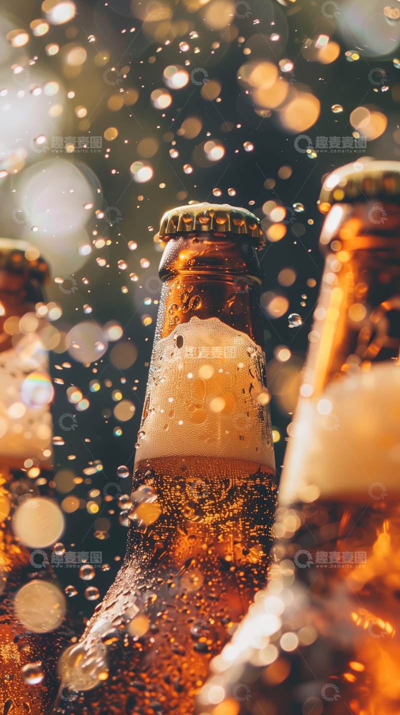 高清大图下载【趣麦麦图】冰镇啤酒瓶上的水珠与泡沫